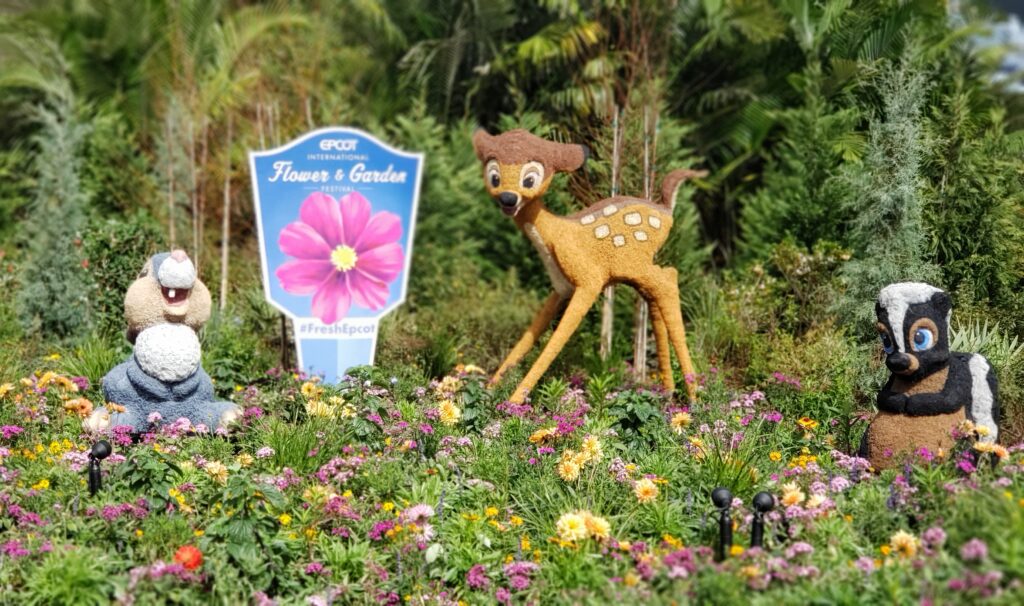topiaries with bambi and other characters and flowers