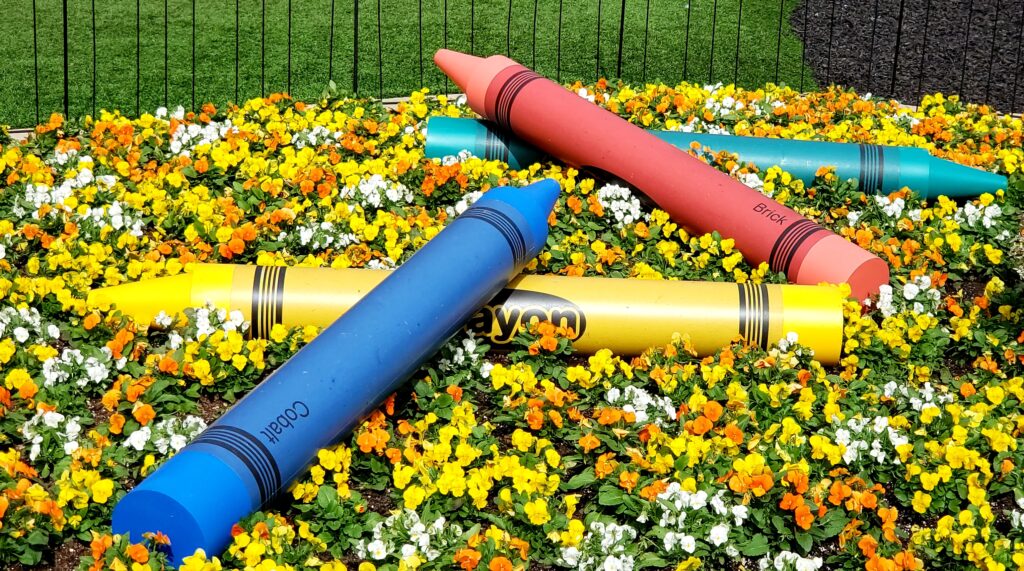 giant crayons on a bed of flowers