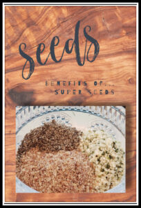 wood grain background with the words seeds and a clear dish with 3 different kinds of seeds in it