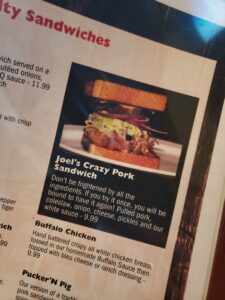 menu item - joel's crazy pork sandwich