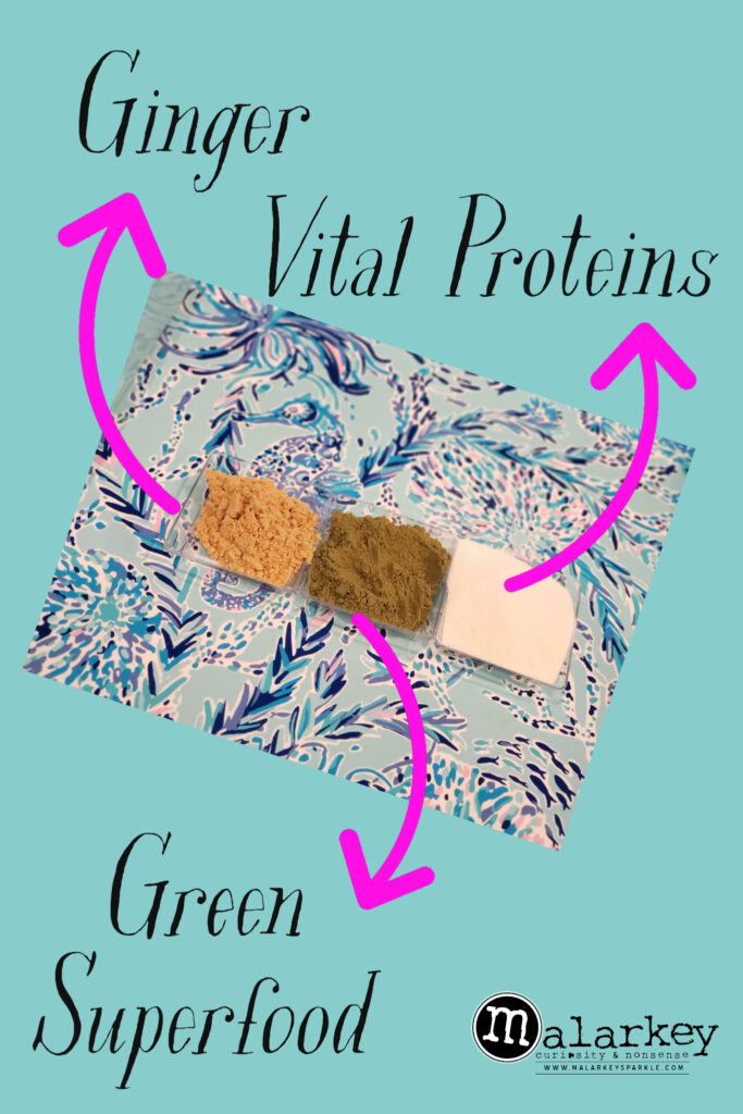3 spices on a plate with labels ginger vital proteins and green superfood