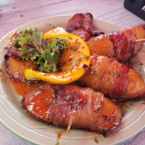 squid lips - plantains wrtapped in bacon