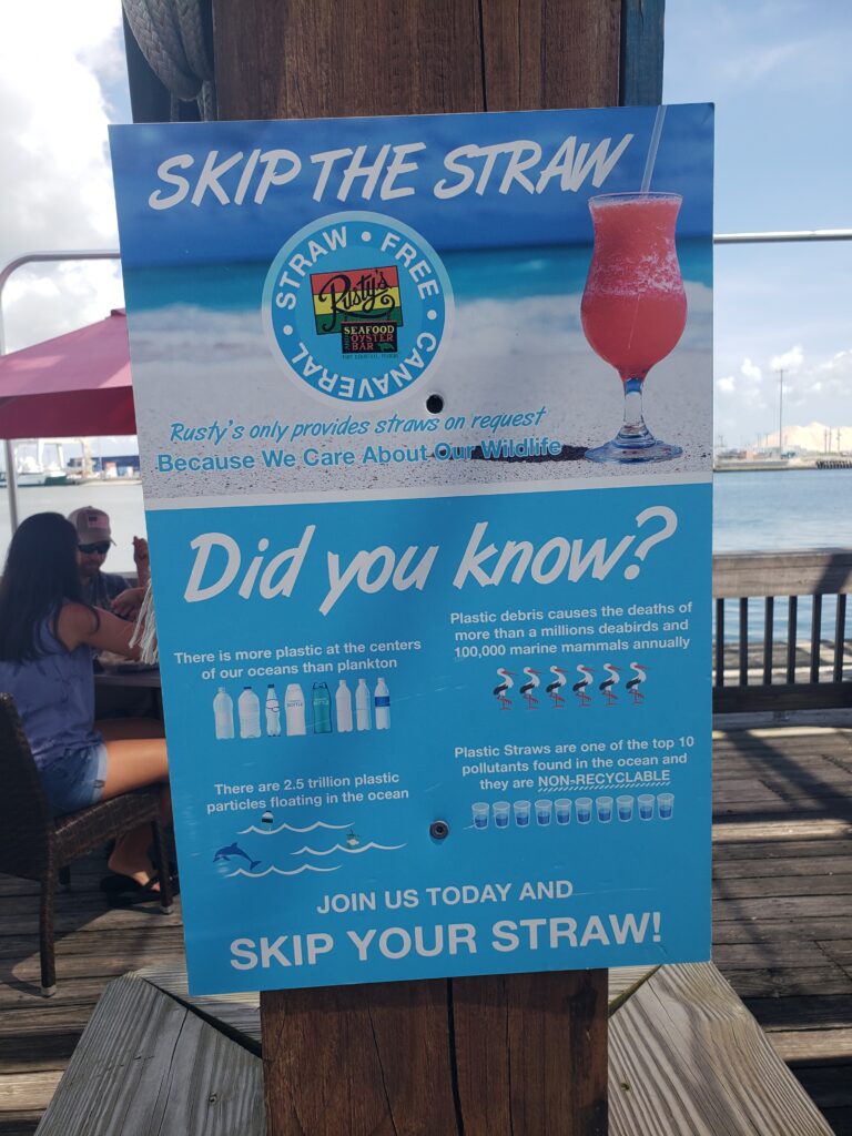 skip the straw sign at rusty's restaurant