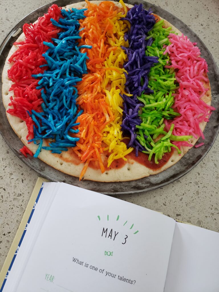 rainbow pizza - 7 colors unbaked with a question of the day