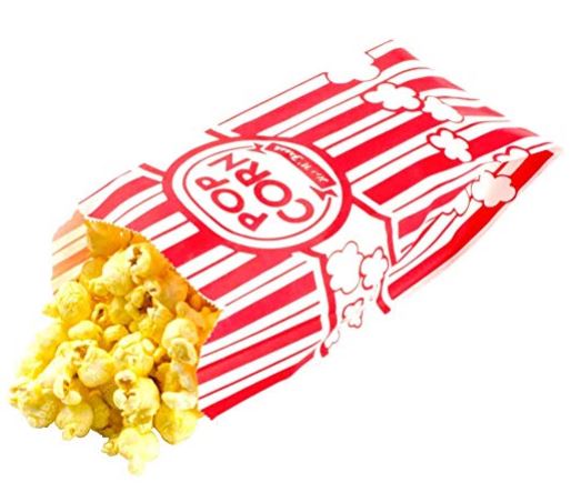red and white popcorn bag with popcorn spilling out
