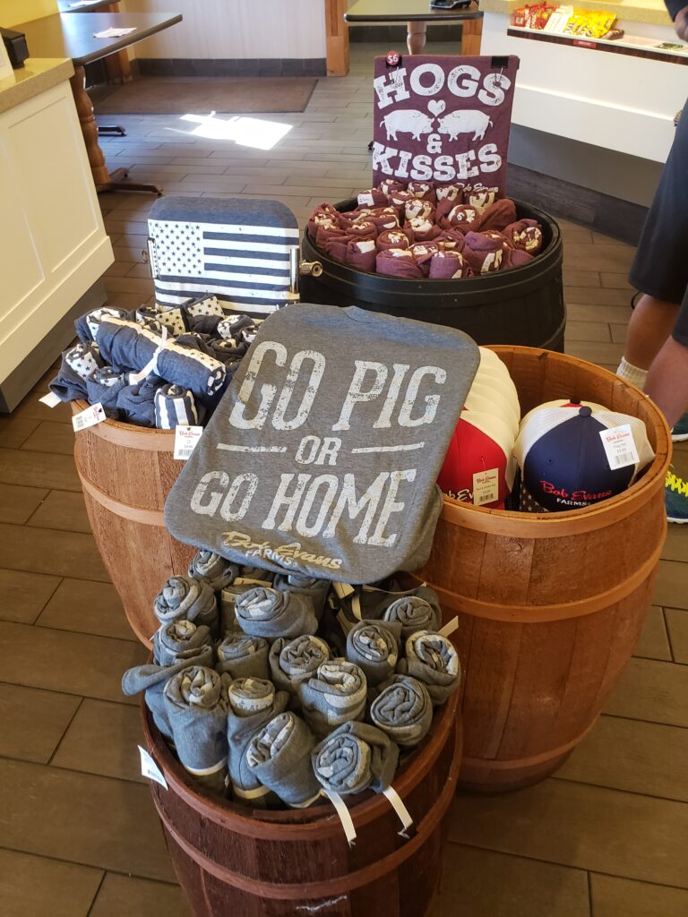 baskets of t shirts being sold at a restaurant