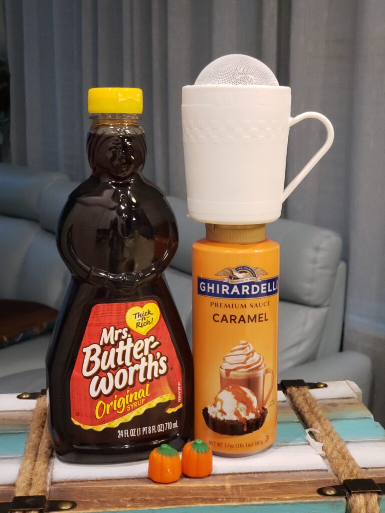 maple syrup, caramel and powdered sugar