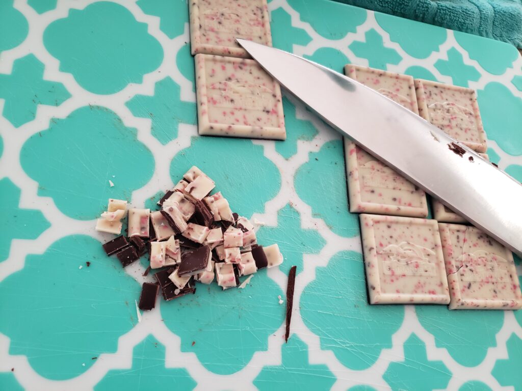 cut up peppermint squares for the fluff fudge