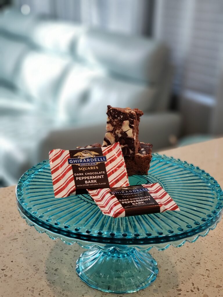fudge on a tray with peppermint chocolates