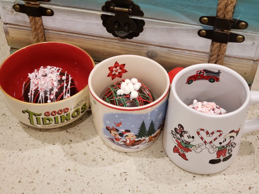 hot cocoa bombs in three cups