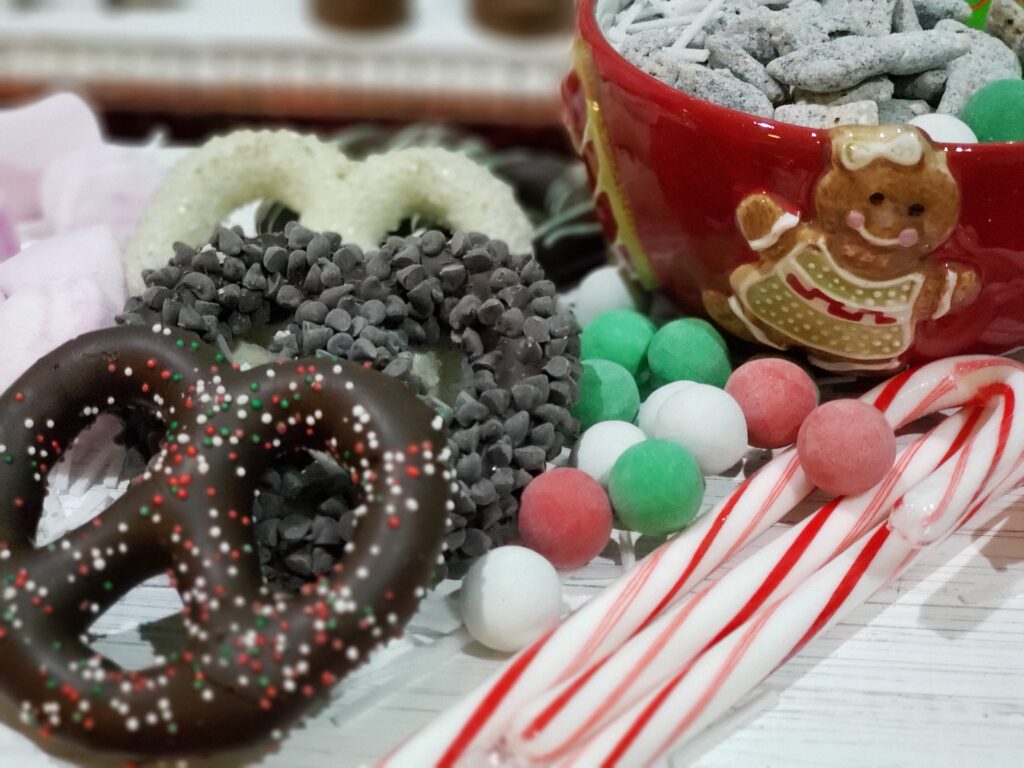 HOT COCOA CHARCUTERIE BOARD - candy canes and pretzels