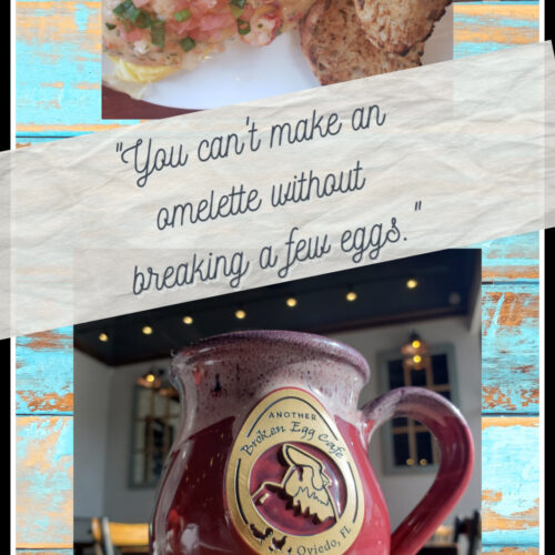plate with omlette and a cup of coffee that says broken egg cafe