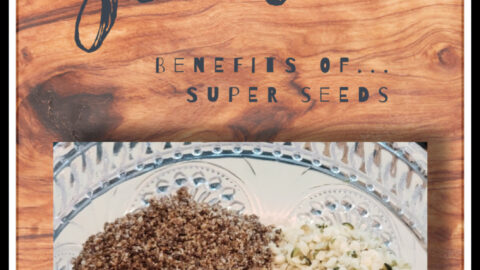 wood grain background with the words seeds and a clear dish with 3 different kinds of seeds in it