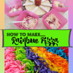 how to make rainbow pizza with bowls and cheese and a finished rainbow pizza