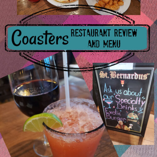 coasters restaurant review and menu - pin with food and drink pictures