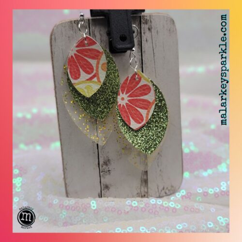 summer fruit dangle earrings - gold sparkle and green glitter with fruita