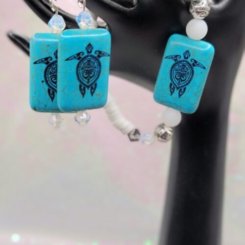 teal turtle set with white - earrings and bracelet