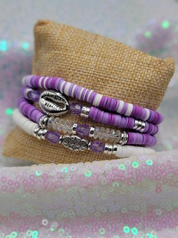 lilly inspired bracelet stacks - purples - whites & gold shell - 4 bracelets