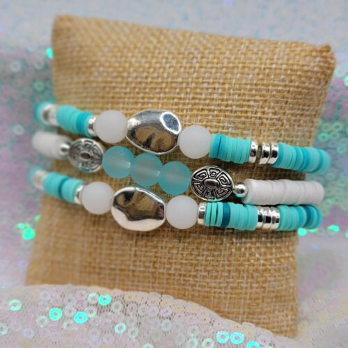 teal-white-silver-lilly inspired bracelet stack
