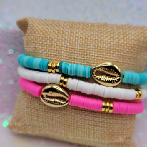 teal - pink - gold shell - lilly inspired bracelet stack