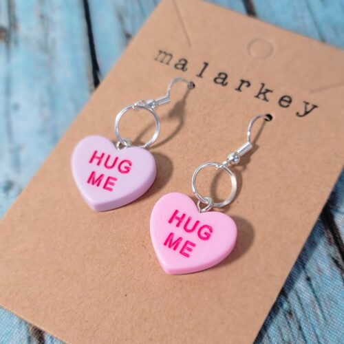hug me conversation heart earrings -purple and pink