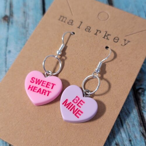 sweet heart and be mine conversation heart earrings - pink and purple