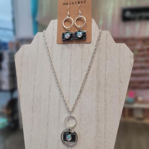 camera necklace and earring set