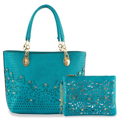 Rhinestone Accent Accessorized Handbag Set Turquoise
