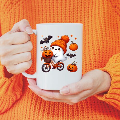ghost riding bike with pumpkins mug - halloween
